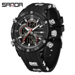 SANDA New 6162 Mens Electronic Watch with Dual Display Sports Multi Function Waterproof LED Mens Electronic Watch Alarm Clock