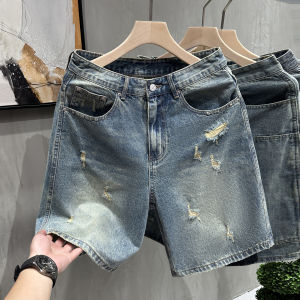 Retro American Style Mens Denim Shorts Tear Worn out Straight Leg Loose Fit Five Tenths Summer New Arrival Casual Breathable