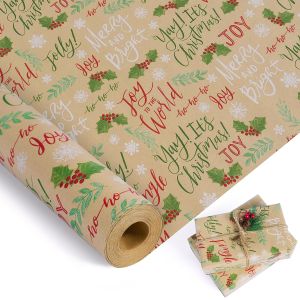 1 Roll Christmas Wrapping Paper RollGreen Red White Kraft Wrapping Paper17 Inch x 590inchGreeting Letters Snowflake Desige