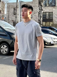 Grey Twist Long Staple Cotton T-Shirt Mens Heavyweight Small Collar Shoulder Width Short Sleeve Summer Clean Fit Half Sleeve