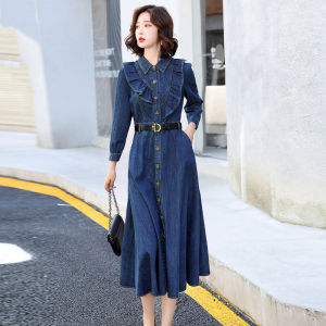 Slim Fit Fashionable Fairy Tale Denim Dress Long Sleeve mid Length Waist Cinching Slimming Skirt Korean Style Button Detail