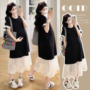 Maternity Dress Contrast Color Short Sleeve Lace Patchwork