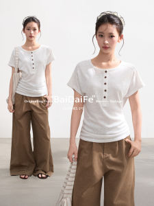 BAIDAIFEI | Henry Neck Short Sleeve Summer Fit Waist-Cropped T-Shirt