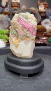 tourmaline watermelon raw stone with stand base🔮天然高等原矿水晶 ➡(旺夫石) 🍉西瓜碧玺 天然色彩鲜艳    🆓附送: 实木底座w 原矿西瓜碧玺高: 16cm  宽: 9x7cm  净重: 1.45kg 含底座高: 18cm  底座宽: 13x11cm  总重: 1.7kg