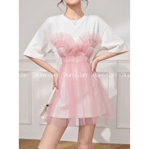 PlumJan | Đầm A-line Tay Ngắn Ôm Eo Hai Mảnh MESH Tạo Ảnh Giả