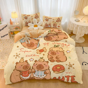 Adorable Capybara Coral Fleece Bedding Set Four-Piece Cartoon Water Otter Duvet Cover Three-Piece Set for Childrens Bedroom Dormitory