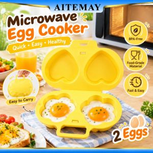 Aitemay Food Grade PP Microwave Egg Cooker 2 Hole Heart Shape Steamer Poacher BPA Free Quick Breakfast Maker Kitchen Gadget Yellow