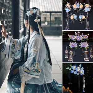 Blue Silk Flower Hanfu Hair Accessories Womens Forest System Hair Comb Set Super Fairy Tale Style Hairpins And Tassels