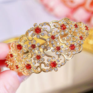 SEQUITO Exquisite Brides Jewelry Micro Pave Red White AAAAA Cubic Zirconia Valuable Wide Shield Wedding Party Hollow Open Bangle B320