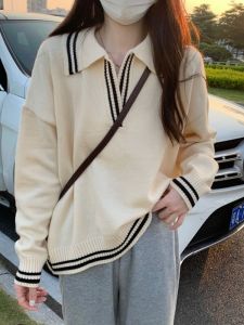 Áo Len Dệt Kim Cổ Polo Màu Khối Cho Nữ Dáng Rộng Thoải Mái Mùa Thu Đông Áo Sơ Mi Cơ Bản Đa Năng Phong Cách Đại Học Ngọt Ngào