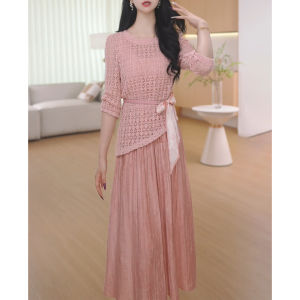 GUBODUO | Fashion Hollow-out 3/4 Sleeve Two-piece Dress Set for Mom