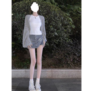 Gray Hollow out Knitted Summer Outerwear Cardigan Womens Thin Loose Long Sleeve Top Cool Sweet Girls Commute Korean Style
