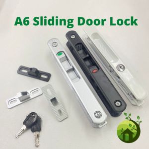 A6 Sliding Door Lock with Key / Sliding Door Hardware 25mm 32mm Silver/Black/White Color PINTU SLIDING KACA A6 Slide Door Hook Lock DIY Home Improvement