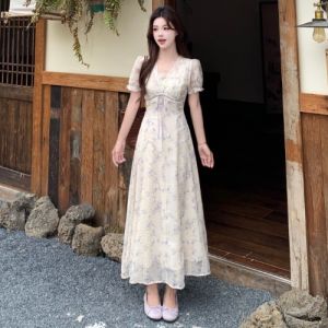 RELNLEX | Đầm Hè In Hoa Phong Cách Retro Dây Đai Ép Eo Cho Người Béo