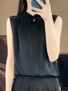 New Acetate Silk Half High Collar Lace Trim Tank Top Womens Base Layer Sleeveless Wooden Edge Ear Versatile Upper Body