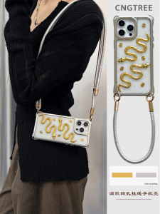 New Year Snake Design Acrylic Phone Case with Lanyard Diagonal Hanging for 13 pro Max Gold Foil Drip Glue Shockproof