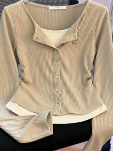 Stylish Unique Fake Two-Piece Long Sleeves T-shirt Female 2024 Early Autumn New Arrival Plus Size Plus Size Ladies Silm Bottoming Shirt Tops