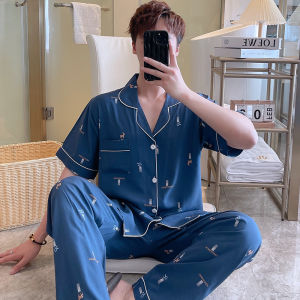 Lightweight Cotton Silk Sleepwear Short Sleeve Long Pants Home Clothes Set for Men Korean Style Summer Geometric Pattern Printed