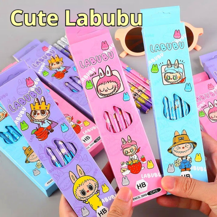12pcs/Box Cartoon Labubu Pencil Writing Drawing Sketch Student Stationery HB Rubber Pencil Cartoon Student Stationery Prizes