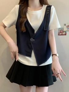 AIYITI | Fashionable Patchwork Faux Two-Piece Short Sleeve T-Shirt
