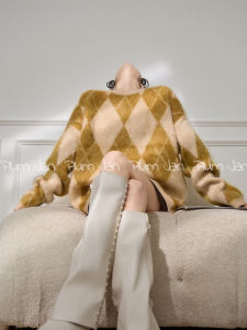 PlumJan | Áo Sweater Rộng Retro Lười Phong Cách Màu Khối Kim Cương Bông Xốp