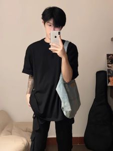 เสื้อยืดคอกลมแขนสั้นผู้ชายสีดำบริสุทธิ์สไตล์อเมริกัน High Street 300g น้ำหนักเบา คอกลมเล็ก แฟชั่นฤดูร้อน เสื้อยืดแขนสั้น