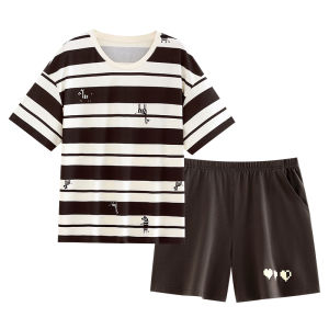 yuenei | Bộ đồ ngủ cotton mùa hè cho nữ Bộ đồ mặc nhà giản dị có tay ngắn quần short họa tiết sọc cỡ lớn thoải mái thoáng khí