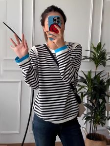 plus Size Striped Splice Knitted Base Layer Top Womens Early Autumn New Loose Slim Long Sleeve T-Shirt Inner Wear Shirt