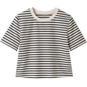 SOLWEIGE | SOLWEIGE High Quality Short Sleeve T-Shirt Round Neck Waist Exposure Shoulder Fit Striped Casual Summer Top For Young Women