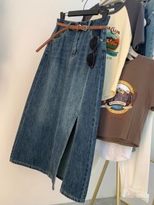 plus Size Denim Mini Skirt High Waist Long Vintage Style Womens Fashion Split Design Unique Butt Hugging Skirts