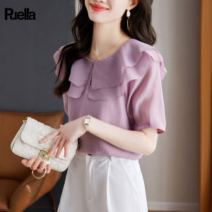 puella | Elegant French Style Purple Ruffle Collar Short Sleeve Chiffon Blouse