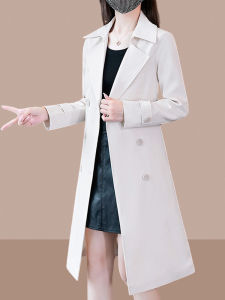 เสื้อแจ็คเก็ตผู้หญิงสไตล์อังกฤษลำลองยาวปานกลาง ฤดูใบไม้ผลิและฤดูใบไม้ร่วง เสื้อคลุมกันหนาวแบบมีฮู้ด ผ้าโพลีเอสเตอร์ ปกเสื้อแบบสูท กระดุมคู่