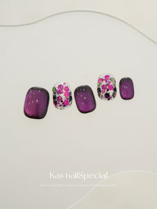 Kas Handmade 2025 New Purple Shiny Nail Art Dopaamine Japanese High-End Wearable Nail Tips Short Square Any Skin Type