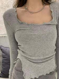 Áo Thun Dài Tay Màu Xám Ôm Vừa Vặn Cho Nữ Mùa Thu 2023 Áo Thun Cổ Tròn Màu Trơn Đơn Giản Cho Học Sinh