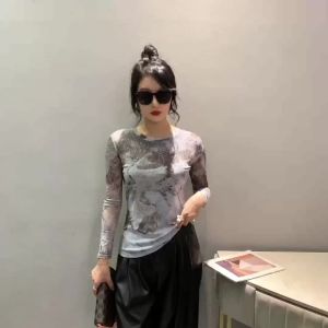 AMMIN 2024 Autumn new simple round neck fashion plus size long sleeve T-shirt Womans Korean style fashion is covered with a vintage ink print elegant blouse