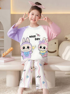 Girls Cotton Pajamas Long Sleeve Home Clothes Set Spring Autumn Soft round Neck Loose Fit Childrens Clothing Full Cotton Suit