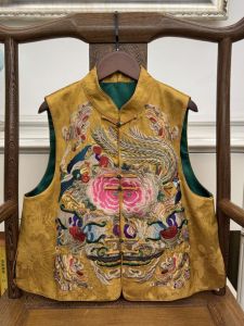 Elegant Silk Embroidered Vest Womens High-End Tunic Top Sleeveless Collarless Jacket Chinese Style Button Shoulder Pad