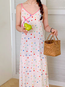 Váy Ngủ Lụa Cotton Phong Cách Công Chúa Ngọt Ngào Cho Nữ Mùa Hè Dài Vừa Phải Không Tay Cổ Chữ V Họa Tiết Chấm Bi