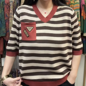 Stripes Pocket Middle-Aged Mom Thin Knitwear 2024 Summer New Belly-Covering Western Style Fashion Short Sleeve T-shirt