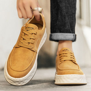 Mens Casual Sport Shoes Soft Bottom Leather Vintage Trendy Wheat Color Spring New Style Comfortable All-Match Flat Heel Board Shoes