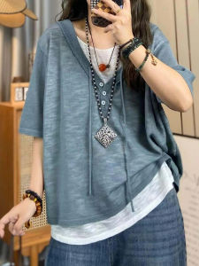 Shalldoer | Áo thun nữ mùa hè dáng rộng có mũ trùm đầu hai mảnh màu tương phản tay ngắn cổ tròn mỏng thời trang thường ngày đa năng