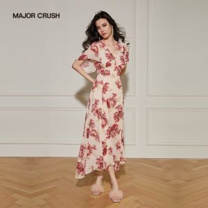 French Style Lazy Apricot Flower Print Slim Fit Long Dress