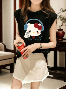 Loose Sleeveless Womens Vest Summer 2025 New Style Student Cartoon Print Black Design Top Outerwear Polyester Cotton Blend