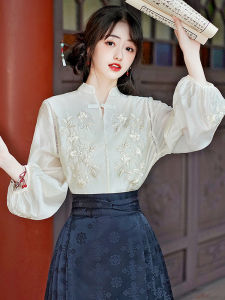 Elegant Long Sleeve Hanfu Style Embroidered Shirt with Button Detail Straight Cut Commute Vintage Chinese National Style