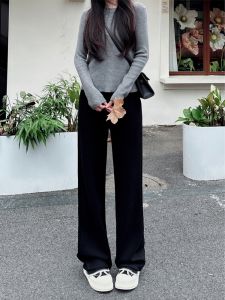 White Narrow Knitted Wide Leg Pants Womens Autumn Winter New Style Wool Blend Fleece Lined Straight Cut Trousers