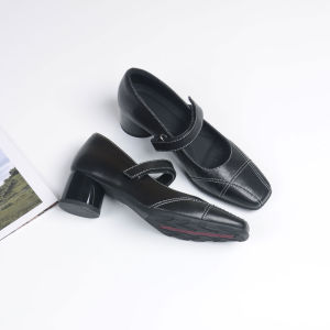 Spring and Autumn Soft Sole Square Toe Mid Block Heel Genuine Leather Shoes Gray