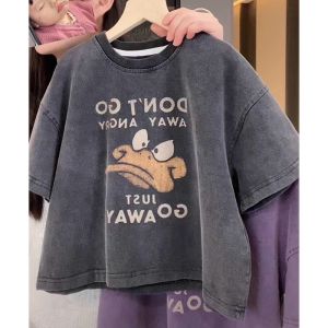Cartoon Bird Print Cotton T-Shirt for Boys Short Sleeve Vintage Style Kids Clothing Trendy round Neck Sweat Absorbent Summer Top