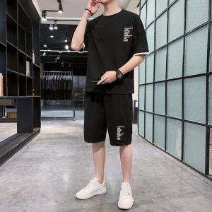 ROMON | Lomond Mens Ice Silk Sports Set Summer Thin Round Neck Printed Short Sleeve T-Shirt Pure Cotton Two-Piece Suit Lightweight Breathable