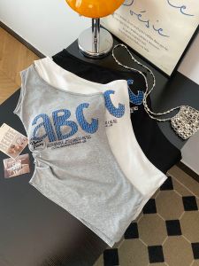GUZILIAN | American Hot Girl Summer New Style Irregular Sleeveless Letter Print Waist-Cinched Shoulder-Off Top Korean Commute Style