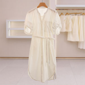 Single Button Tie Waist Pure Color Dress Summer